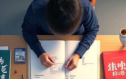 机に向かい日本語参考書を開いて勉強する学生